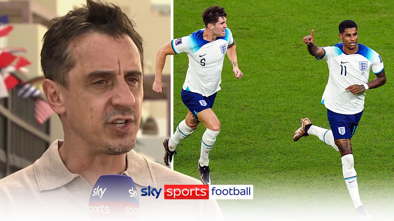 Gary Neville reacts to England's BIG win against Wales background
