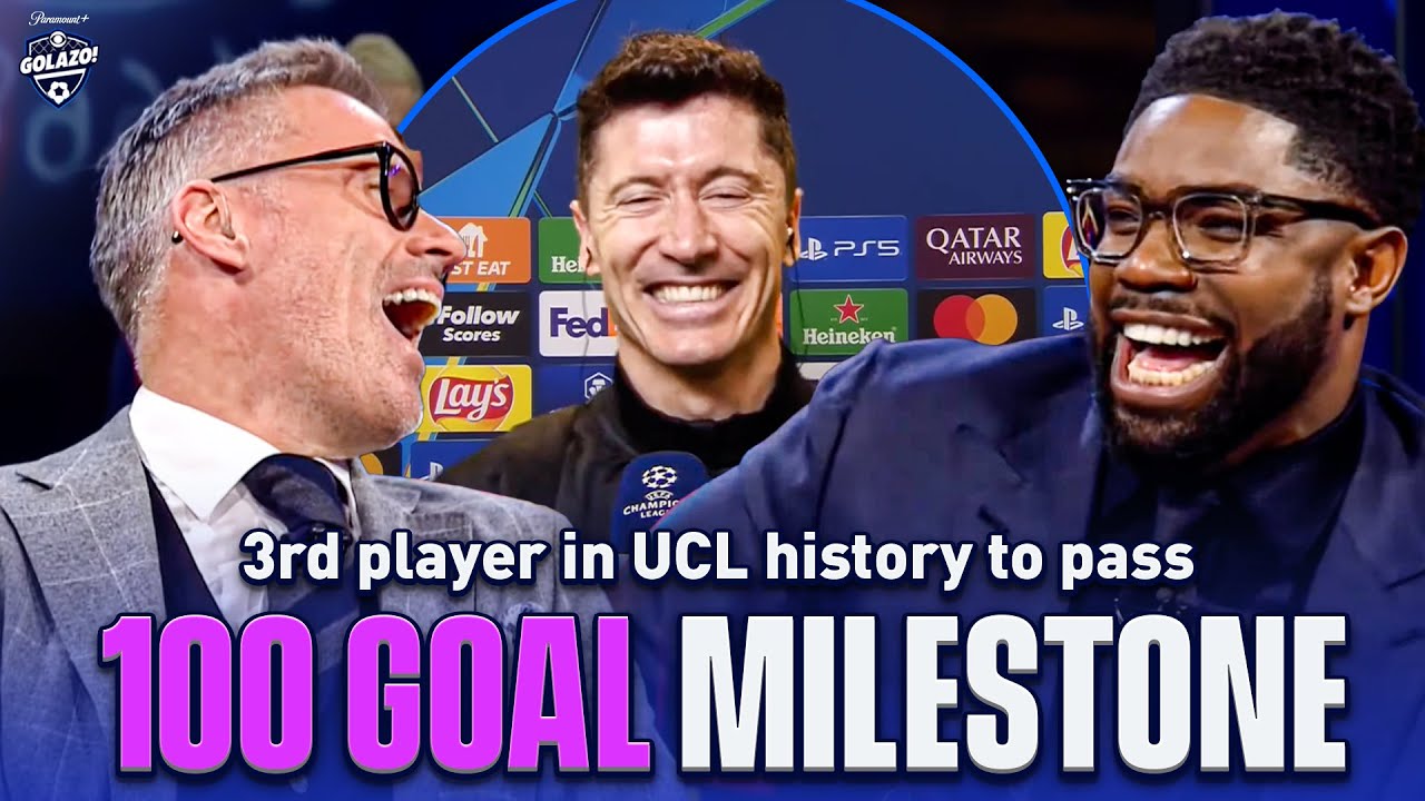 Robert Lewandowski reacts to passing 100 goal milestone with Micah, Carra and Henry! | UCL Today background