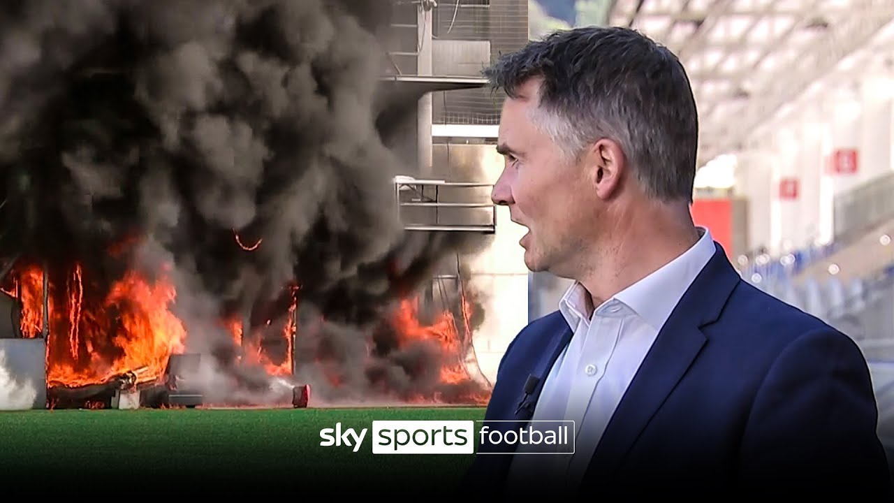 Fire breaks out during LIVE report at stadium due to host Andorra vs England 🔥🤯 background