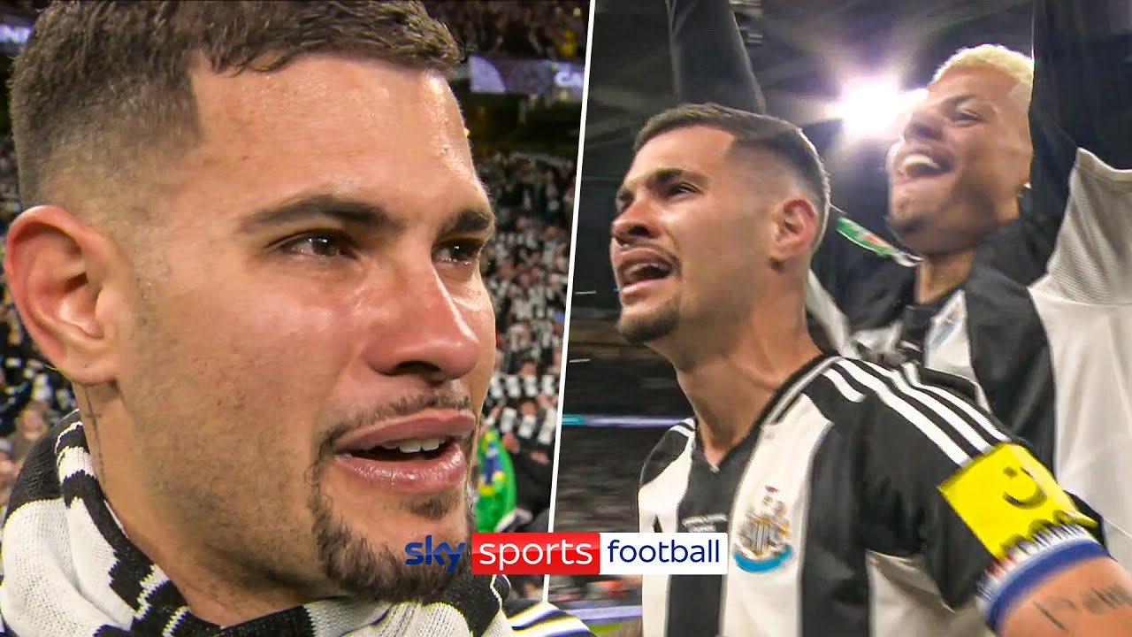 Bruno Guimarães EMOTIONAL reaction to Newcastle Carabao Cup win! background