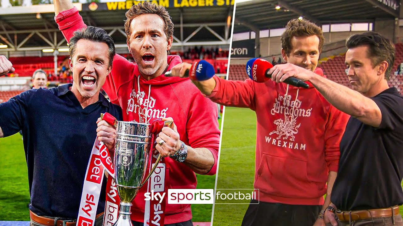 Ryan Reynolds and Rob McElhenney REACT to Wrexham's promotion to the Championship! 👏 background