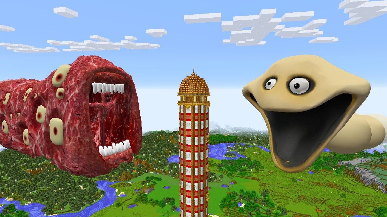SURVIVING FROM HUNGRY WORM AND TRAIN EATER in Minecraft - Gameplay