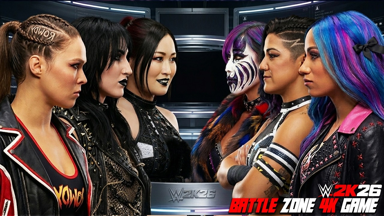 WWE 2K26 : Ronda Rousey, Rhea Ripley, IYO SKY vs Sasha Banks, Bayley, Asuka background
