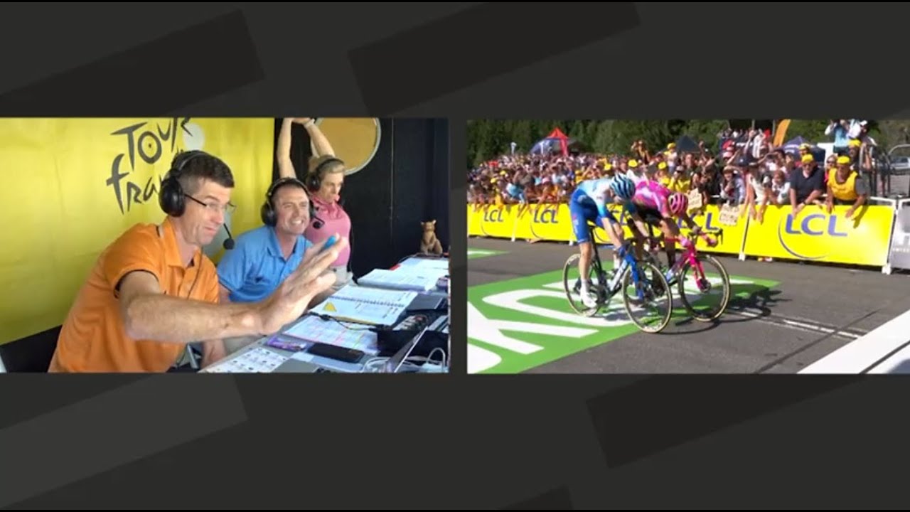 Aussie Tour de France commentary team's passionate reaction to close finish for Aussie Schultz background