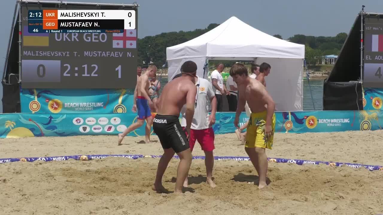 Tymur MALISHEVSKYI (UKR) vs. Nuradin MUSTAFAEV (GEO) | U15, U17 & U20 European Beach Wrestling Champ background