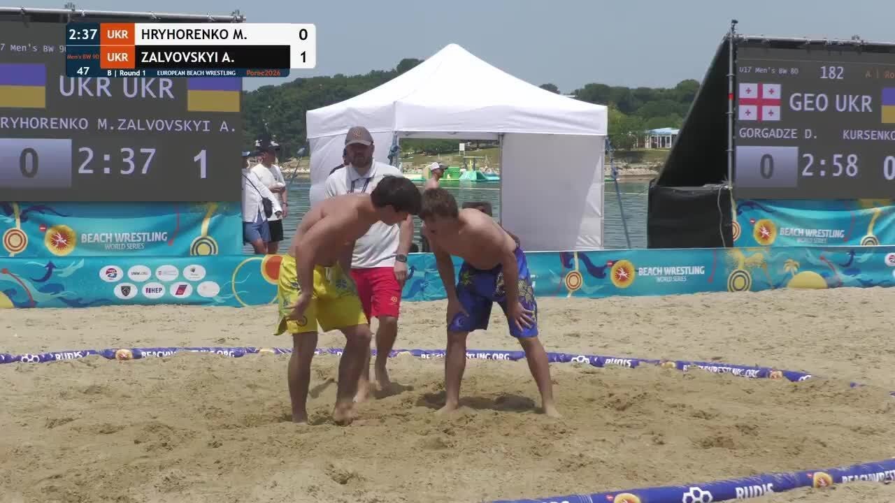 Matvii HRYHORENKO (UKR) vs. Artem ZALVOVSKYI (UKR) | U15, U17 & U20 European Beach Wrestling Champio background