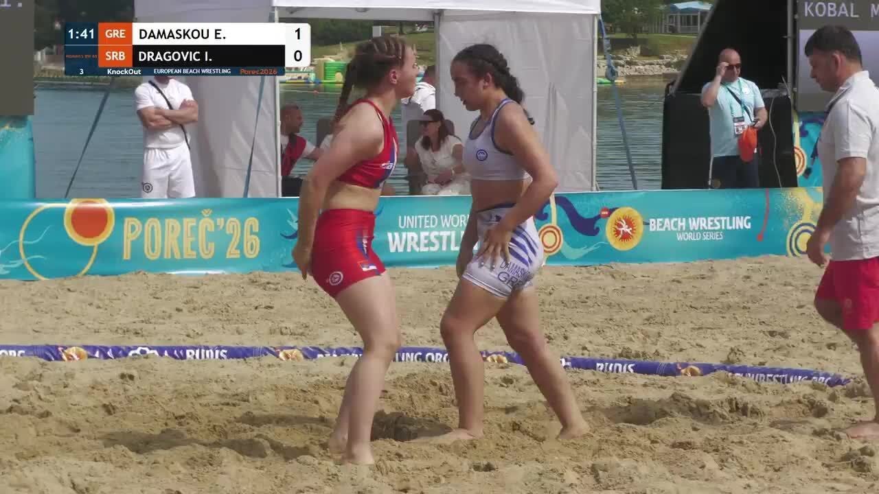Eleni DAMASKOU (GRE) vs. Iva DRAGOVIC (SRB) | U15, U17 & U20 European Beach Wrestling Championships background