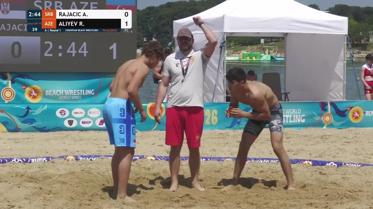 Andrej RAJACIC (SRB) vs. Rashad ALIYEV (AZE) | U15, U17 & U20 European Beach Wrestling Championships background