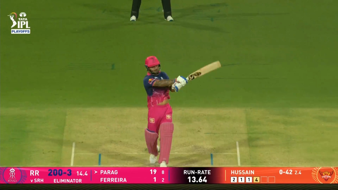 IPL 2026 Eliminator: SRH vs RR - Riyan Parag Six background