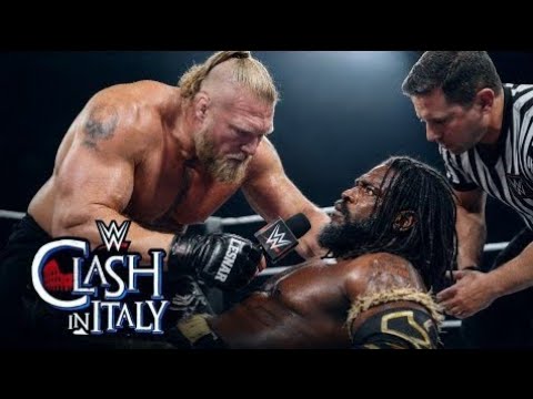 Brock Lesnar finally gets his revenge at Clash in Italy the beast leaves Oba Femi on a stretche background