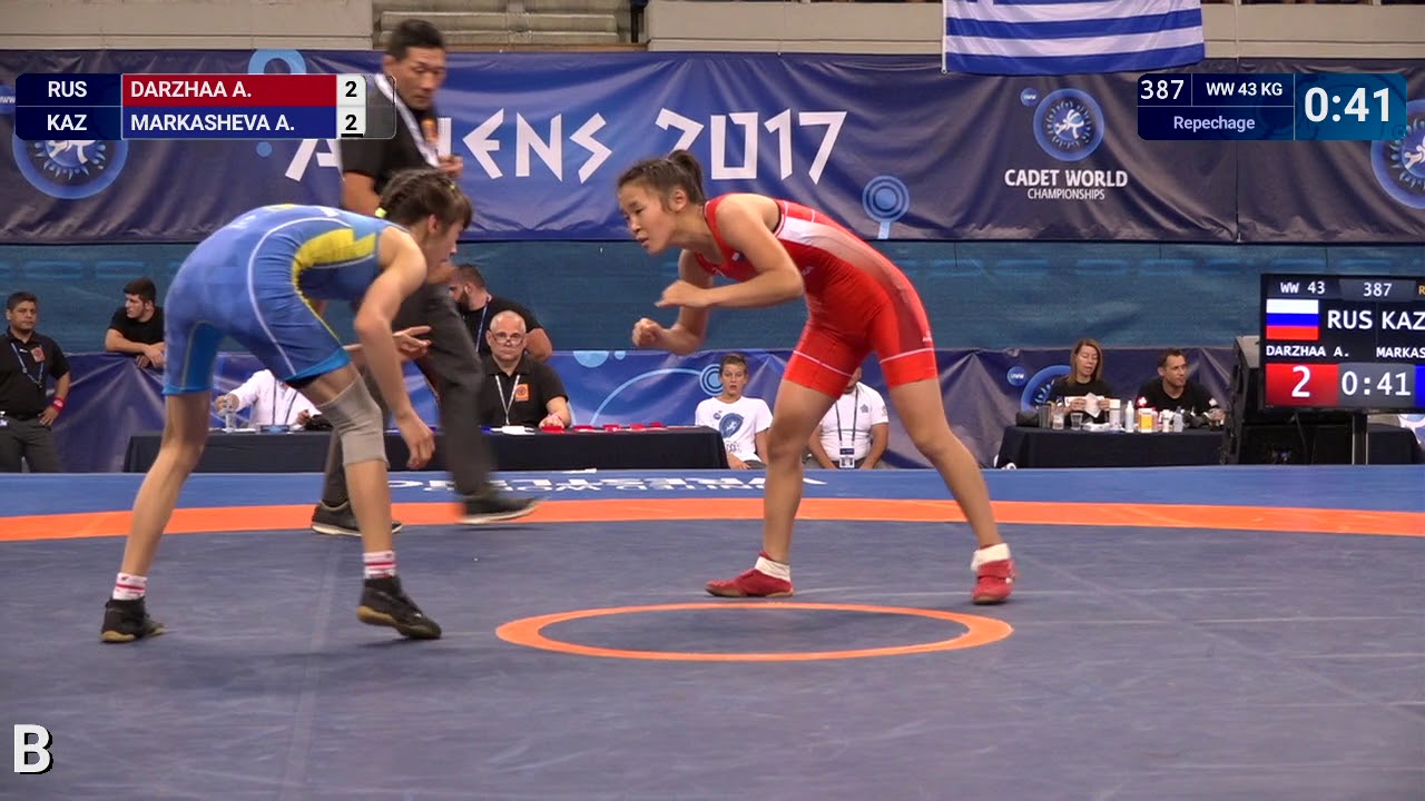 Repechage WW - 43 kg: A. DARZHAA (RUS) df. A. MARKASHEVA (KAZ) by VFA, 4-2 background