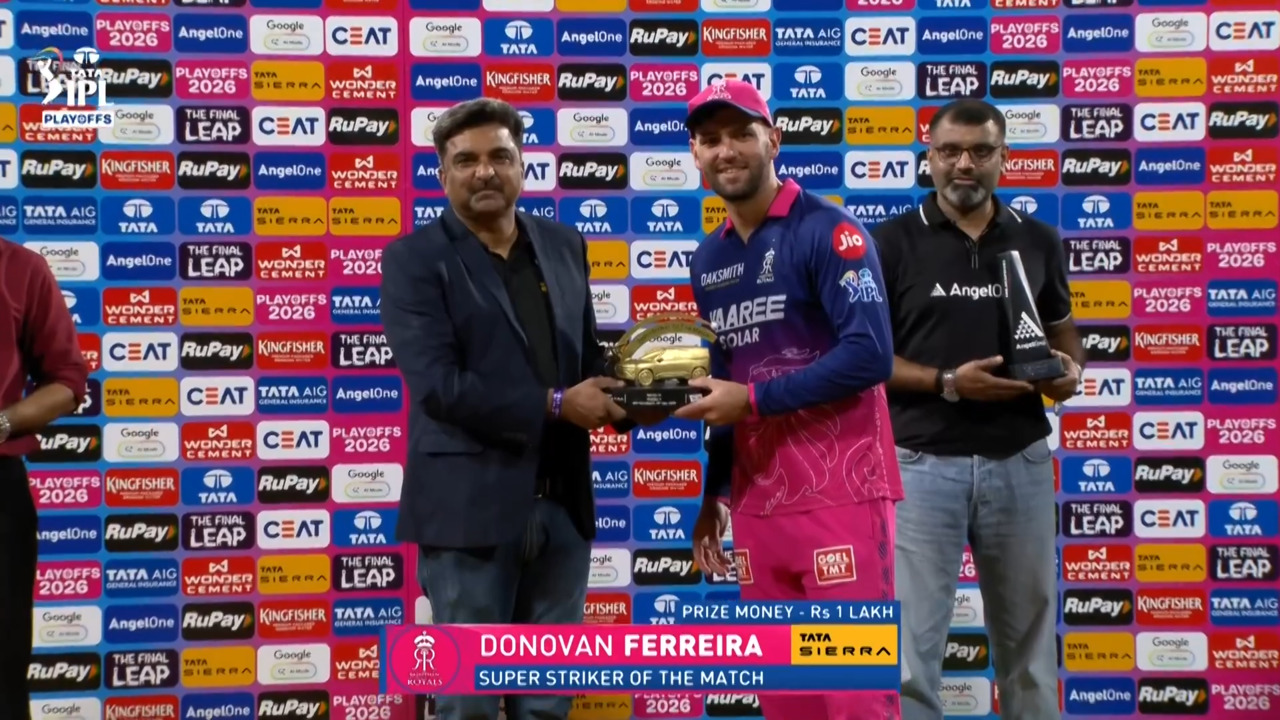 IPL 2026 Q2: GT vs RR - Sierra Super Striker of the Match - Donovan Ferreira background