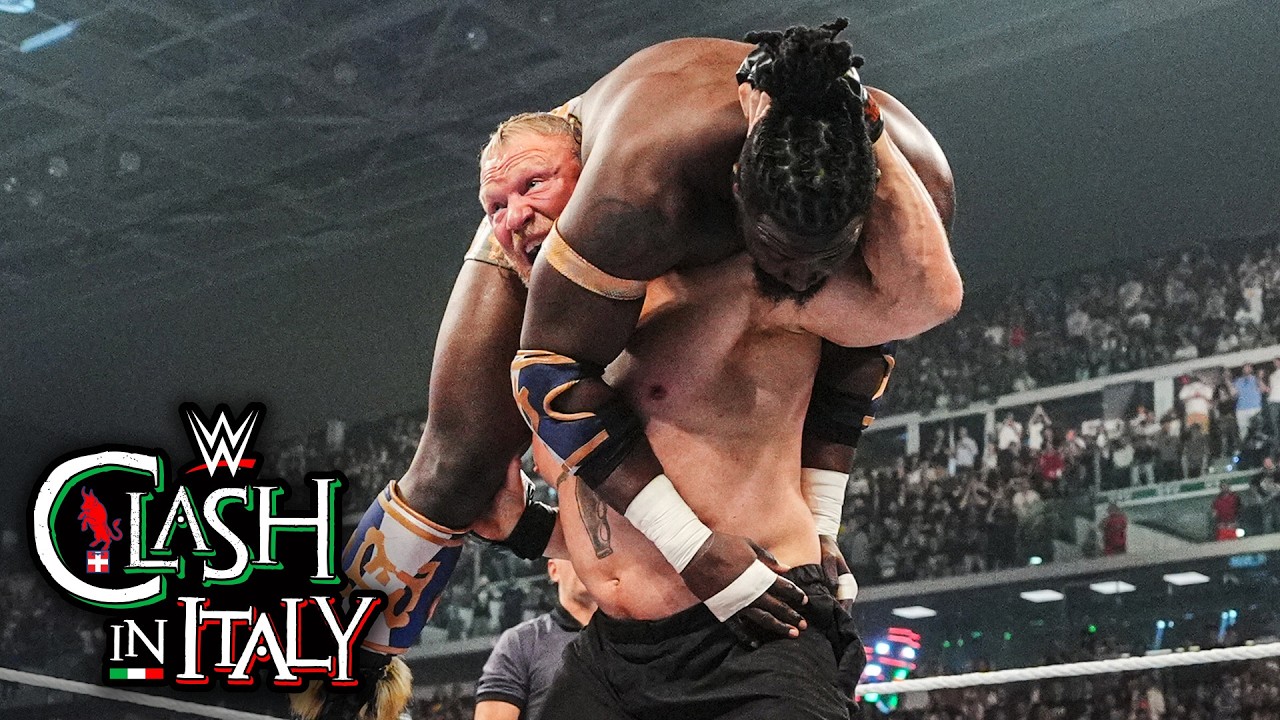 Every Brock Lesnar F-5 to Oba Femi at WWE Clash in Italy background