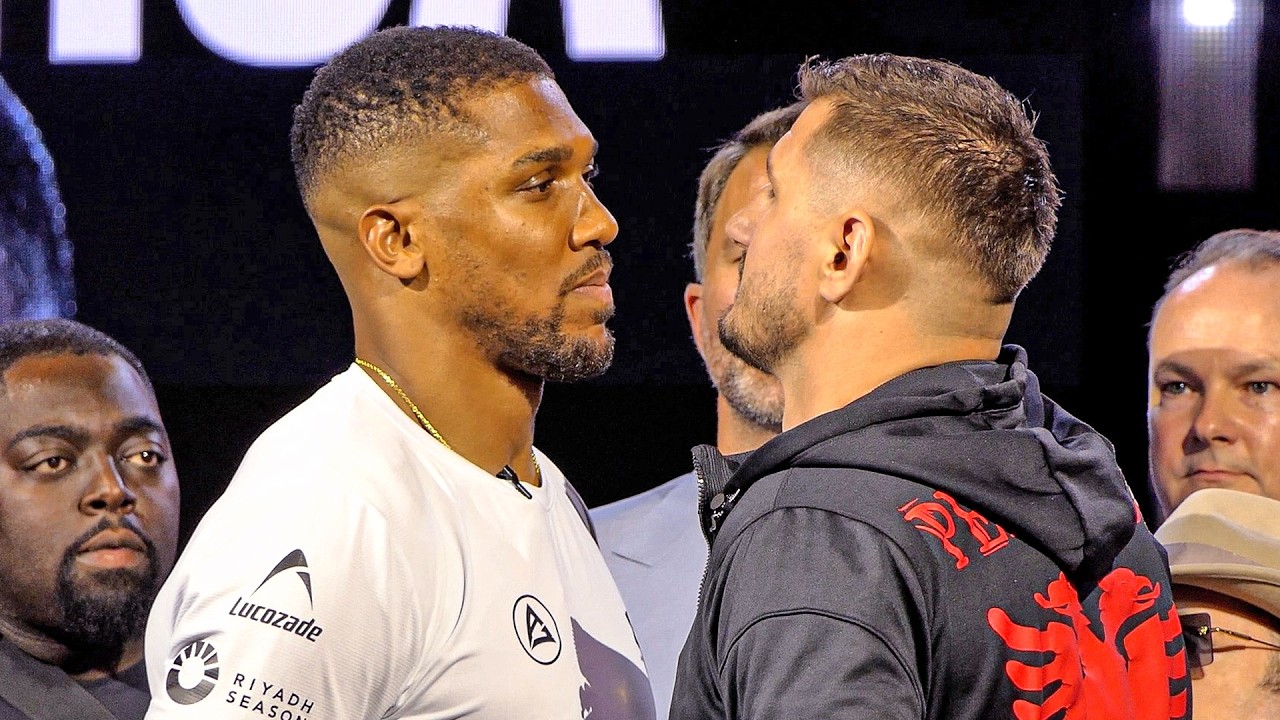 FACE OFF: Anthony Joshua vs. Kristian Prenga • FIRST HEAD-TO-HEAD in London | DAZN Boxing background