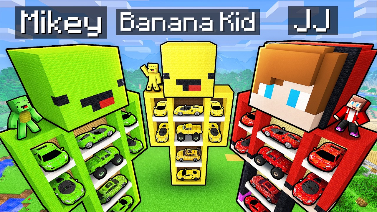 JJ vs Mikey vs Banana Kid: GARAGE STATUE BATTLE in Minecraft! background