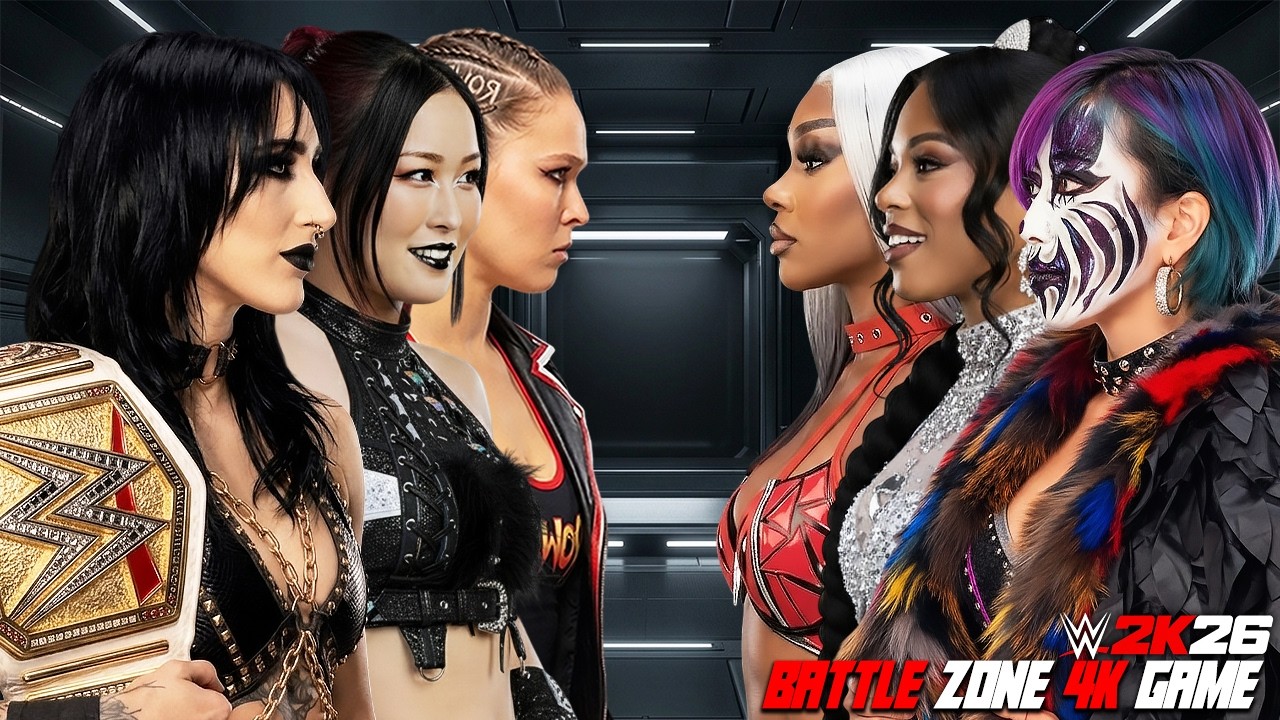 Rhea Ripley, Ronda Rousey & IYO SKY vs Asuka, Bianca Belair & Jade Cargill background