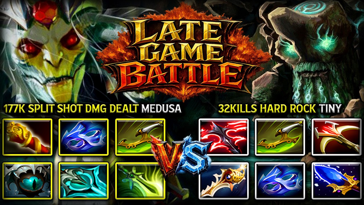 EPIC LATE GAME BATTLE | 177K SPLIT SHOT DAMAGE DEALT MEDUSA VS. 32KILLS HARD ROCK TINY 7.41c DOTA 2 background
