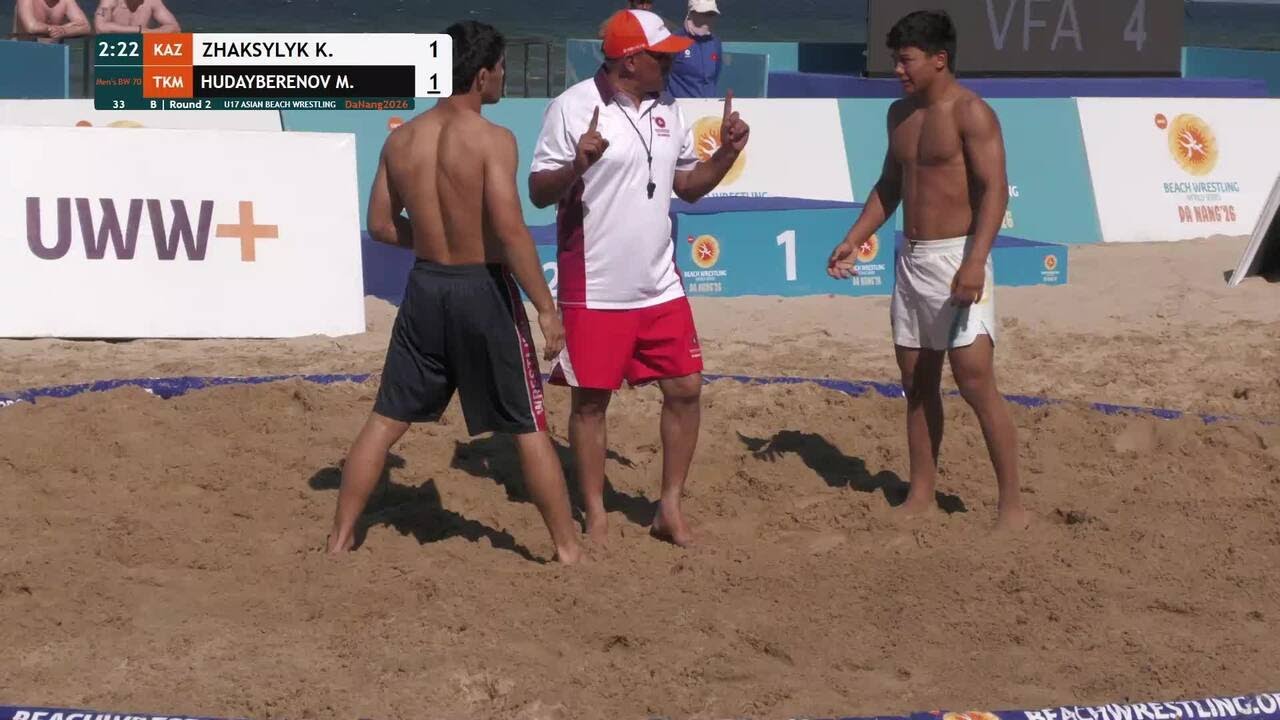 Kuanysh ZHAKSYLYK (KAZ) vs. Mekan HUDAYBERENOV (TKM) | U17 ASIAN BEACH WRESTLING 2026 | B | Round 2 backdrop