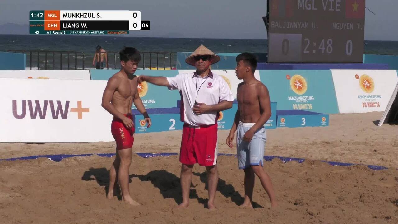 Shagaikhuu MUNKHZUL (MGL) vs. Wenhui LIANG (CHN) | U17 ASIAN BEACH WRESTLING 2026 | A | Round 3 | Me backdrop