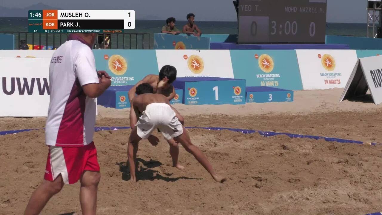 Omar Ishaq Yacoub MUSLEH (JOR) vs. Jimin PARK (KOR) | U17 ASIAN BEACH WRESTLING 2026 | B | Round 1 backdrop