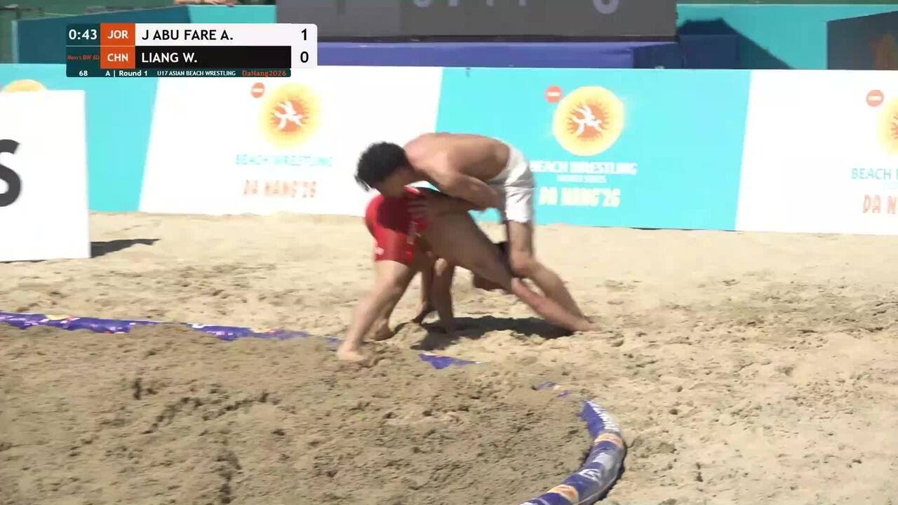 Adam Wajeeh J ABU FARE (JOR) vs. Wenhui LIANG (CHN) | U17 ASIAN BEACH WRESTLING 2026 | A | Round 1 | backdrop