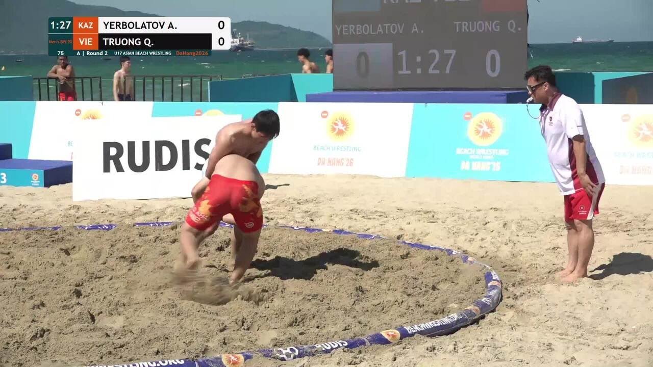 Adilbek YERBOLATOV (KAZ) vs. Quang Khai TRUONG (VIE) | U17 ASIAN BEACH WRESTLING 2026 | A | Round 2 backdrop