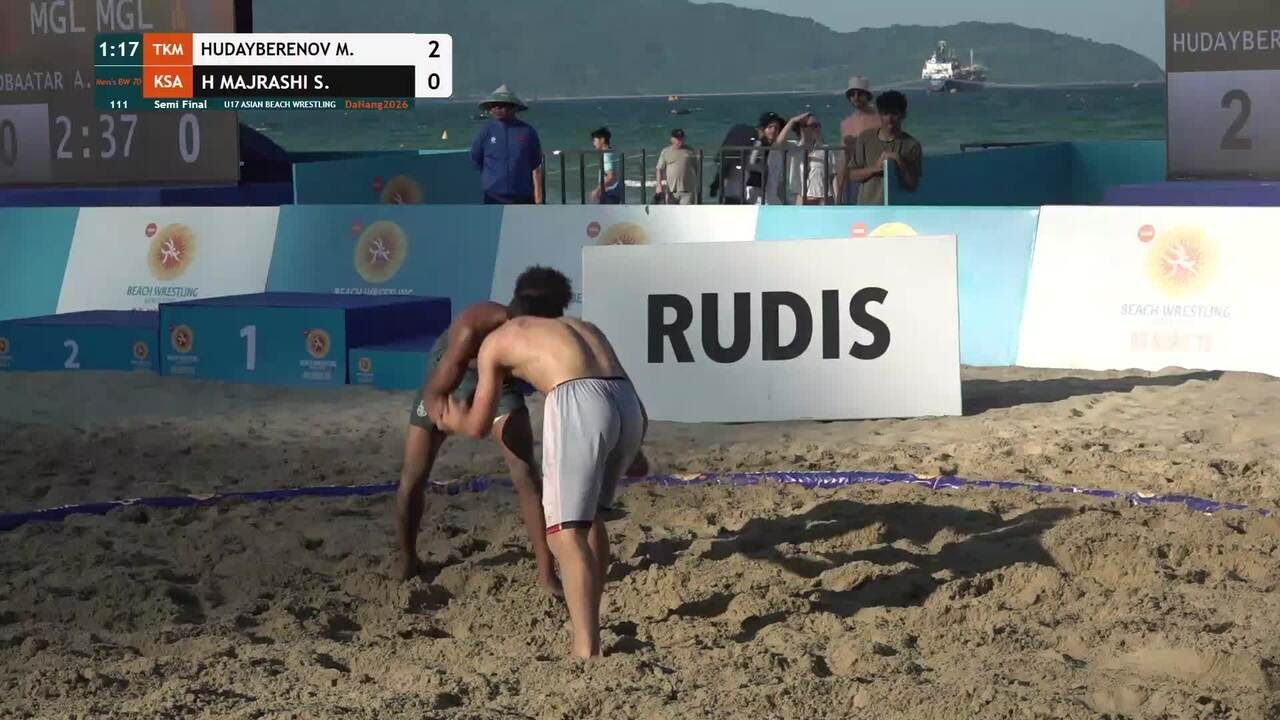 Mekan HUDAYBERENOV (TKM) vs. Saeed Ahmed H MAJRASHI (KSA) | U17 ASIAN BEACH WRESTLING 2026 | Semi Fi backdrop