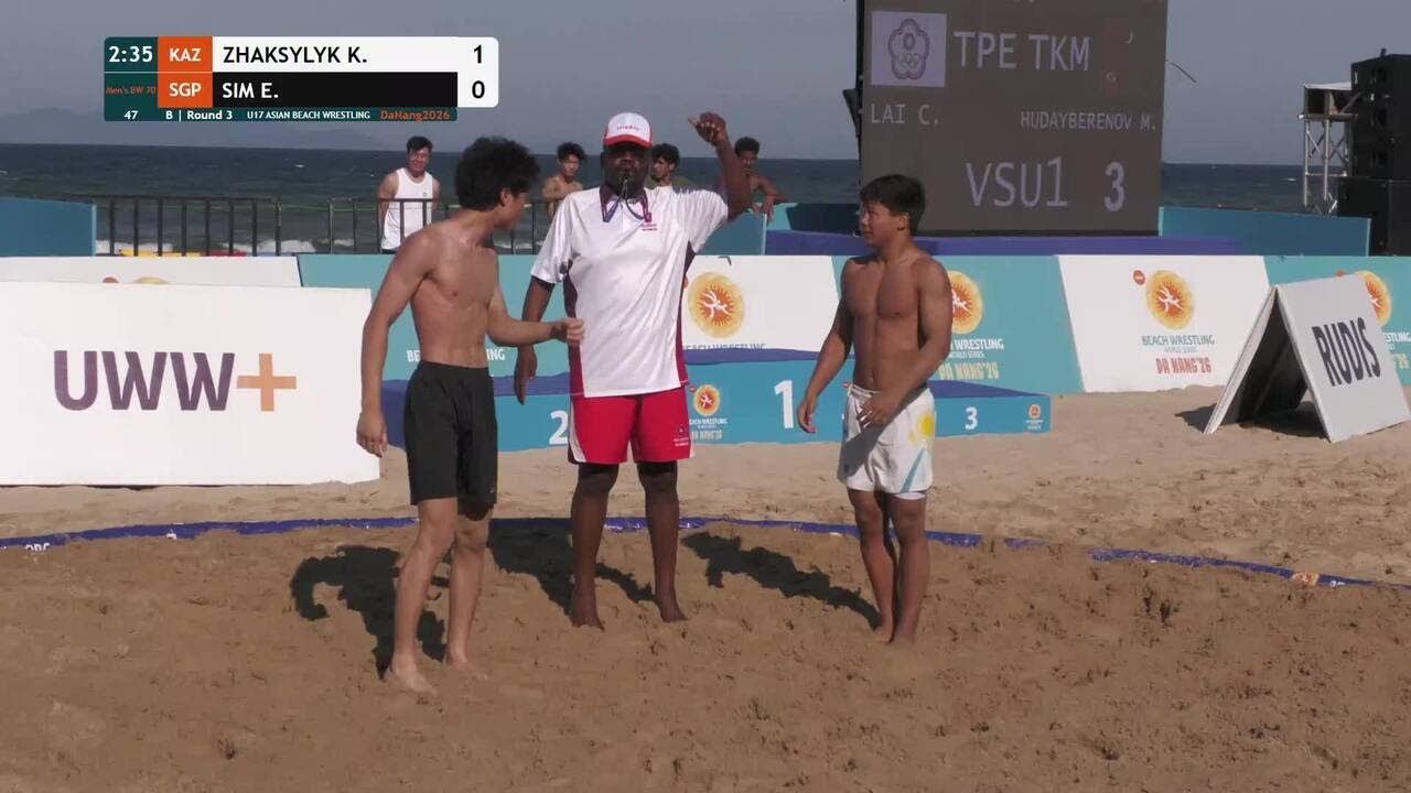 Kuanysh ZHAKSYLYK (KAZ) vs. Emiliano Hui Heng SIM (SGP) | U17 ASIAN BEACH WRESTLING 2026 | B | Round backdrop
