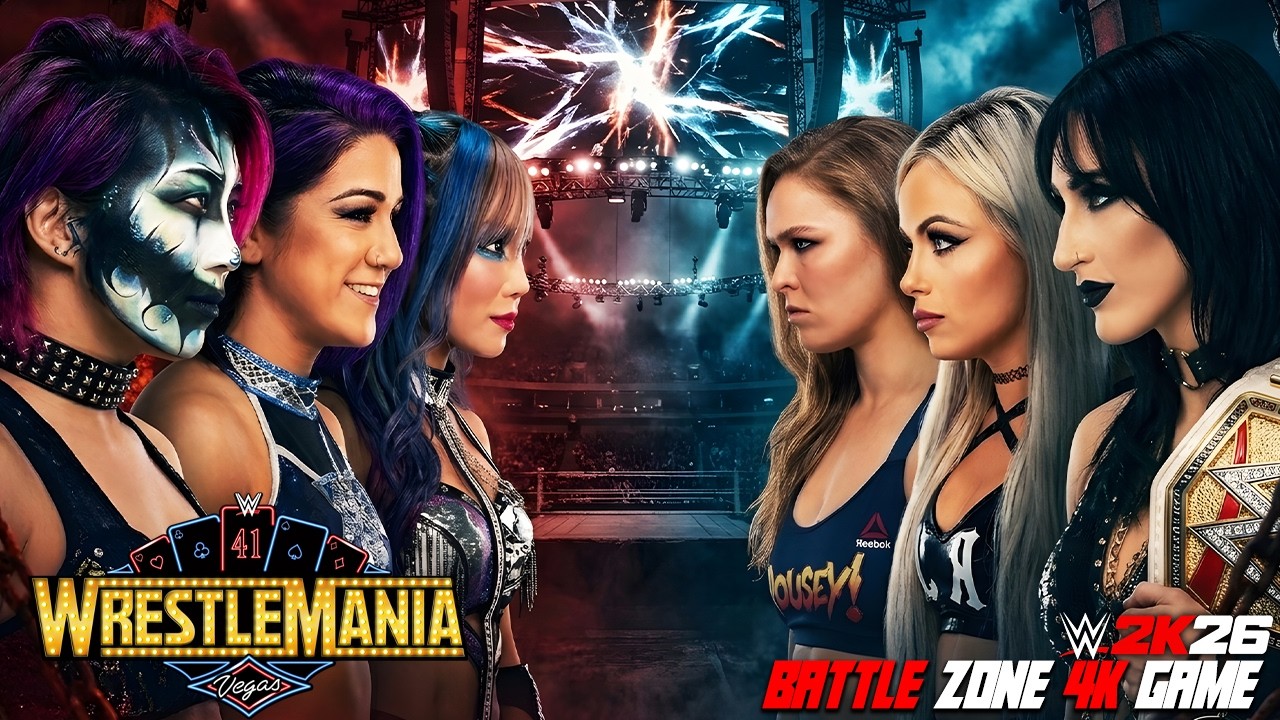 Ronda Rousey Rhea Ripley Liv Morgan vs Asuka Kairi Sane Bayley | Women's Division Civil War! backdrop