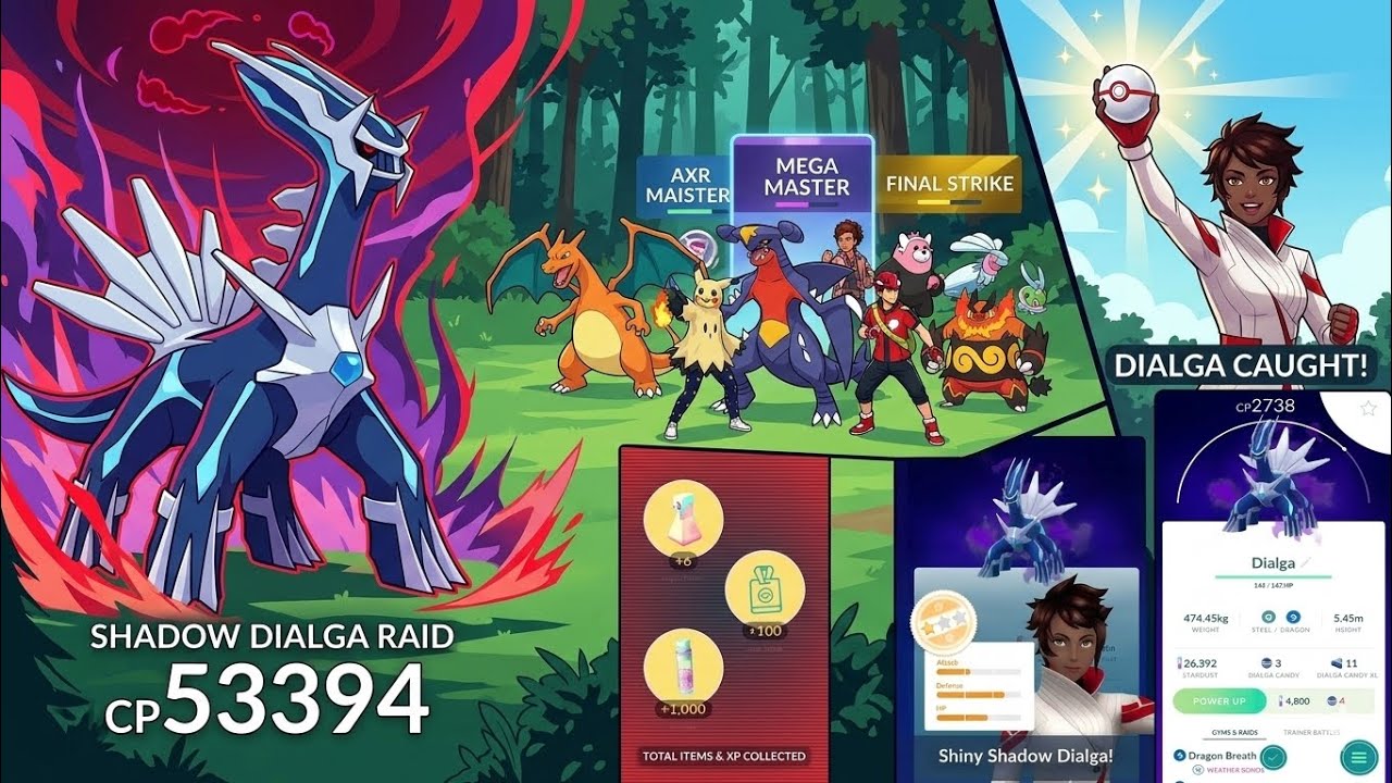 Defeating Leader Cliff 53,394 CP Shadow Dialga Raid & Catch! Pokemon GO backdrop