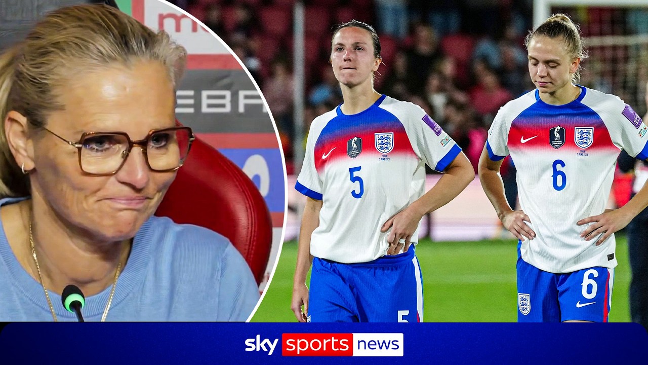 Sarina Wiegman reacts to England's 4-0 defeat against Spain in World Cup qualifiers backdrop