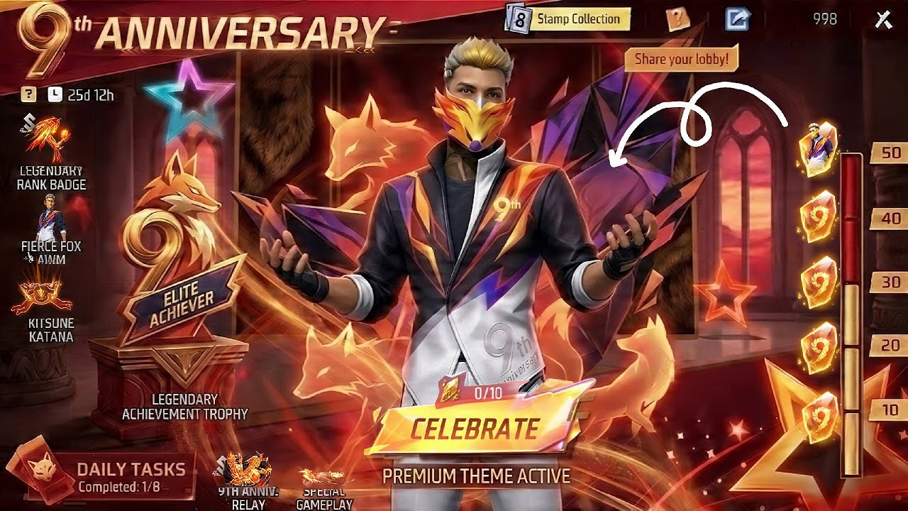 9th Anniversary Free Rewards π₯π€― | july booyah pass free fire | free fire new event | ff new event backdrop