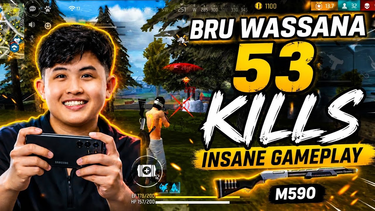 RUSHER BRU WASSANA 53 KILLS FULL LIVE FREE FIRE RANKED INSANE GAMEPLAY backdrop