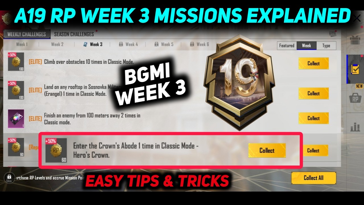 BGMI WEEK 3 MISSIONS 🔥 A19 RP WEEK 3 MISSION EXPLAIN 🔥 BGMI A19 WEEK 3 RP MISSION KAISE KARE backdrop
