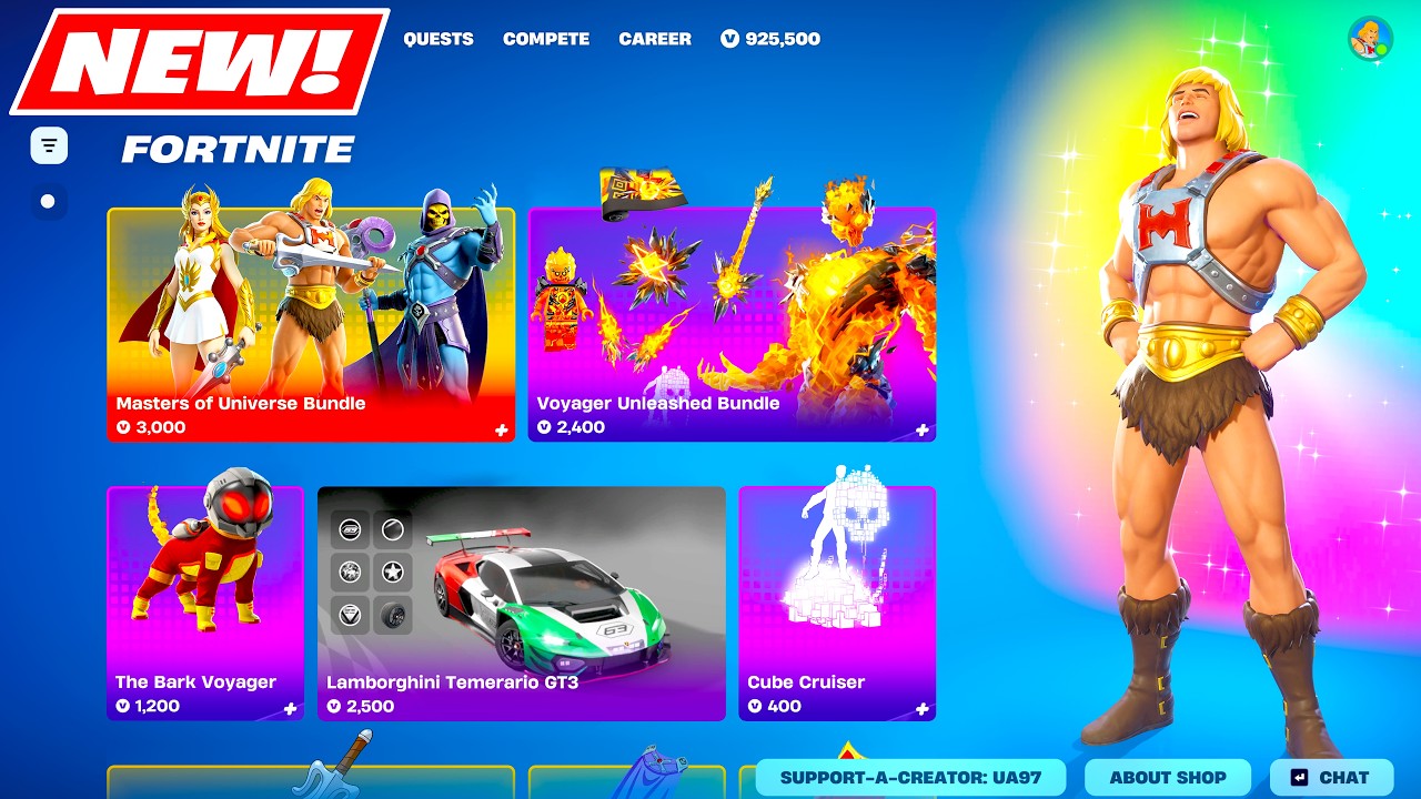 NEW Item Shop BUNDLES TONIGHT Showcase (Master of Universe, Voyager Unleashed, Lamborghini) Fortnite backdrop