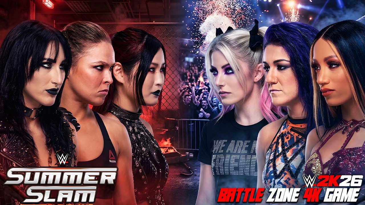 Ronda Rousey Rhea Ripley Iyo Sky vs Sasha Bayley Alexa Bliss | The Most Dangerous Women's Team Ever backdrop