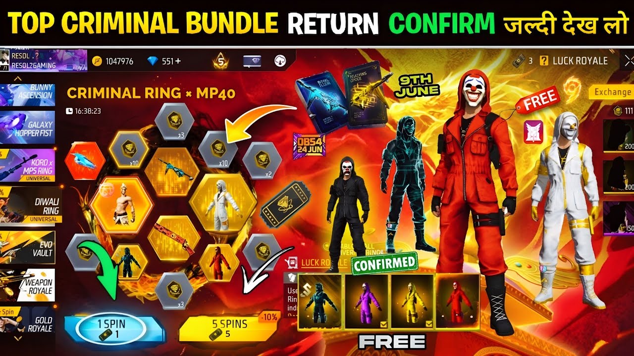 Criminal Bundle Return Event Confirm💥🤯| Next Universal Ring Event MP40 Ob54 l Free Fire New Event backdrop