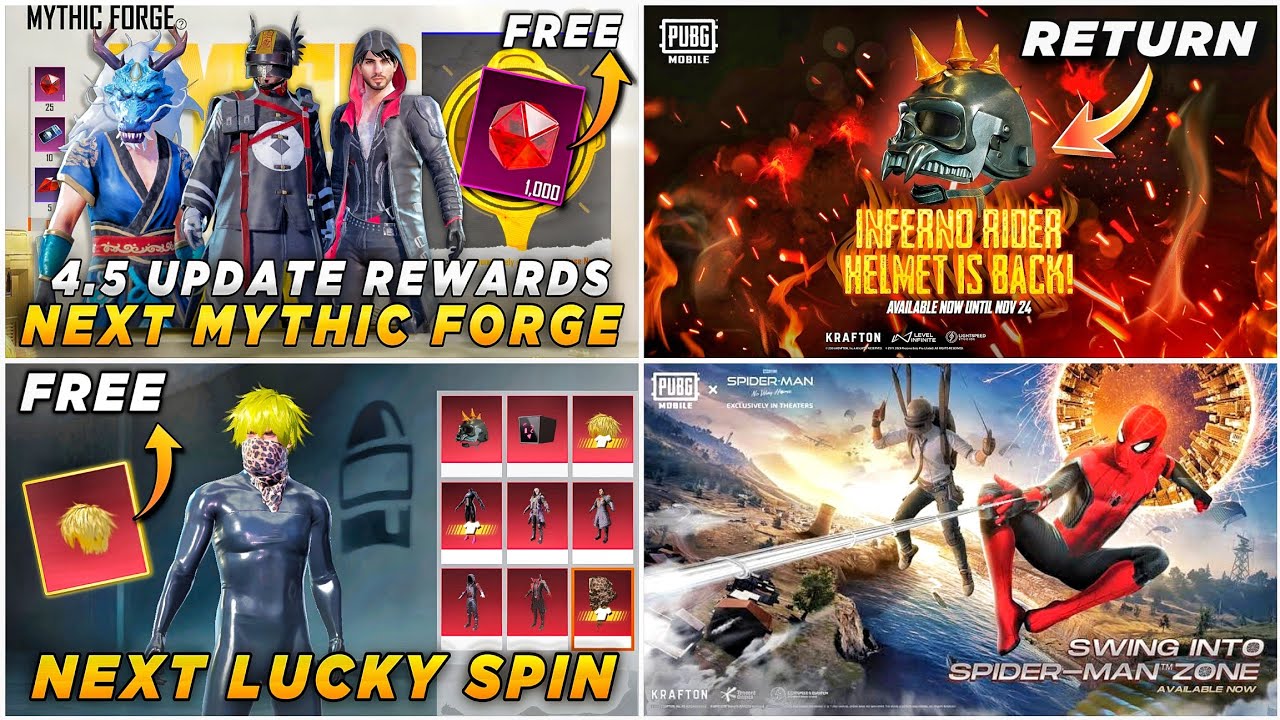 π΄ NEXT MYTHIC FORGE REWARDS β
INFERNO HELMET RETURN π€© NEXT LUCKY SPIN IN BGMI π₯ SPIDER MAN MODE BACK backdrop