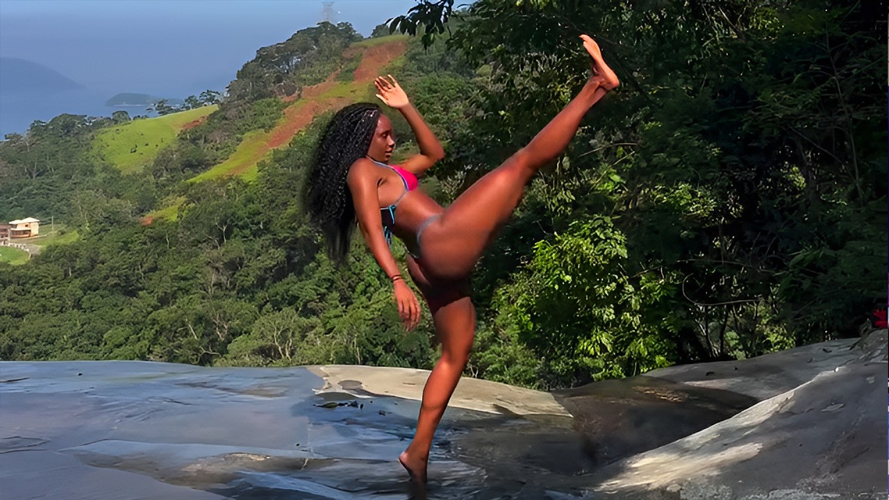 She Did a PERFECT High Kick on Wet Rocks by a Waterfall! π±π Insane Balance & Flexibility!