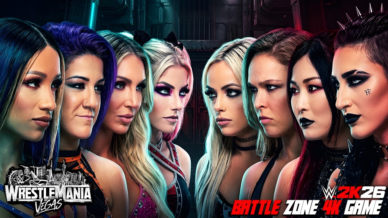 Ronda Rousey Rhea Ripley Iyo Sky Liv Morgan vs Sasha Bayley Charlotte Flair Alexa Bliss background