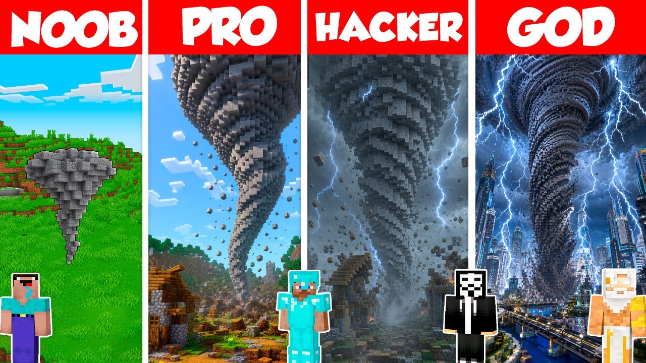 Tornado Base Build Battle Challenge - Noob vs Pro vs Hacker vs God - Minecraft Animation