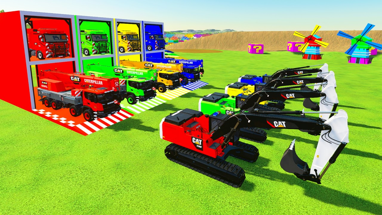 Colorful trucks - ALL COLORFUL CAT 336F EXCAVATOR, SCANIA CRANE TRANSPORTING AND PARKING TO GARAGE