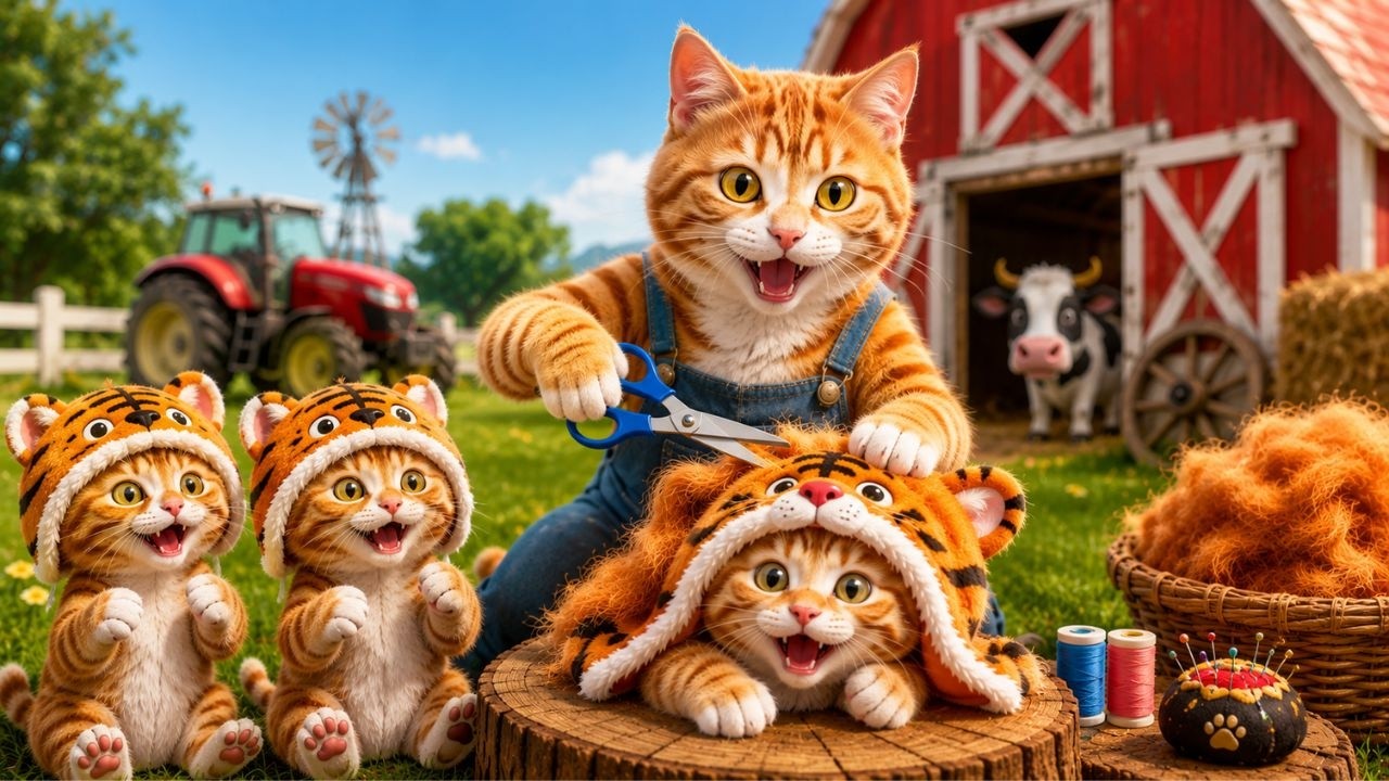Cute Mama Cat Trims Fur on the Farm to Make a Tiger Hat for Kittens