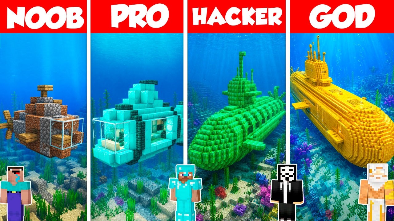 Submarine Build Battle Challenge - Noob vs Pro vs Hacker vs God - Minecraft Animation