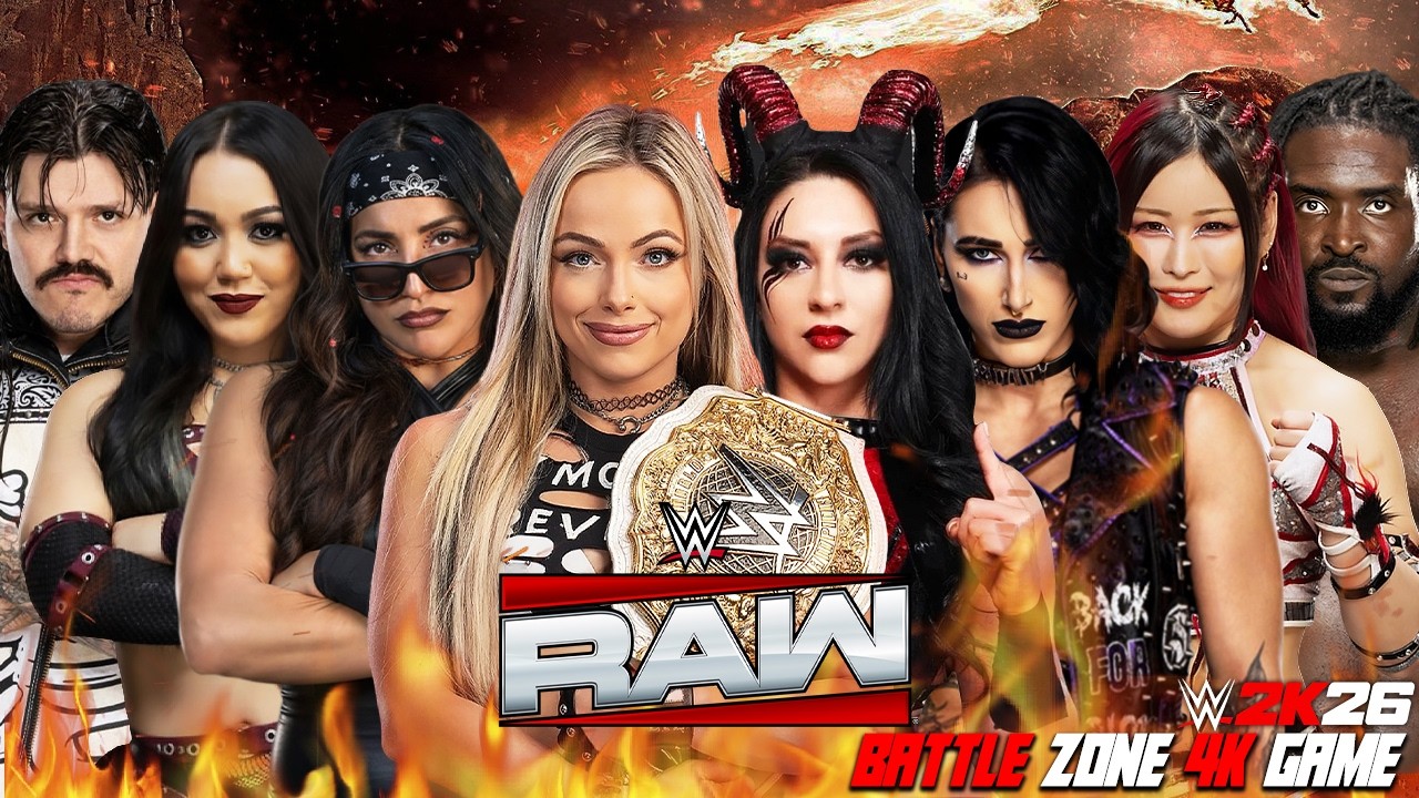 Liv Morgan Raquel Roxanne Dominik vs Stephanie Vaquer Rhea Ripley, Iyo Sky, Oba Femi | Mixed Tag War background