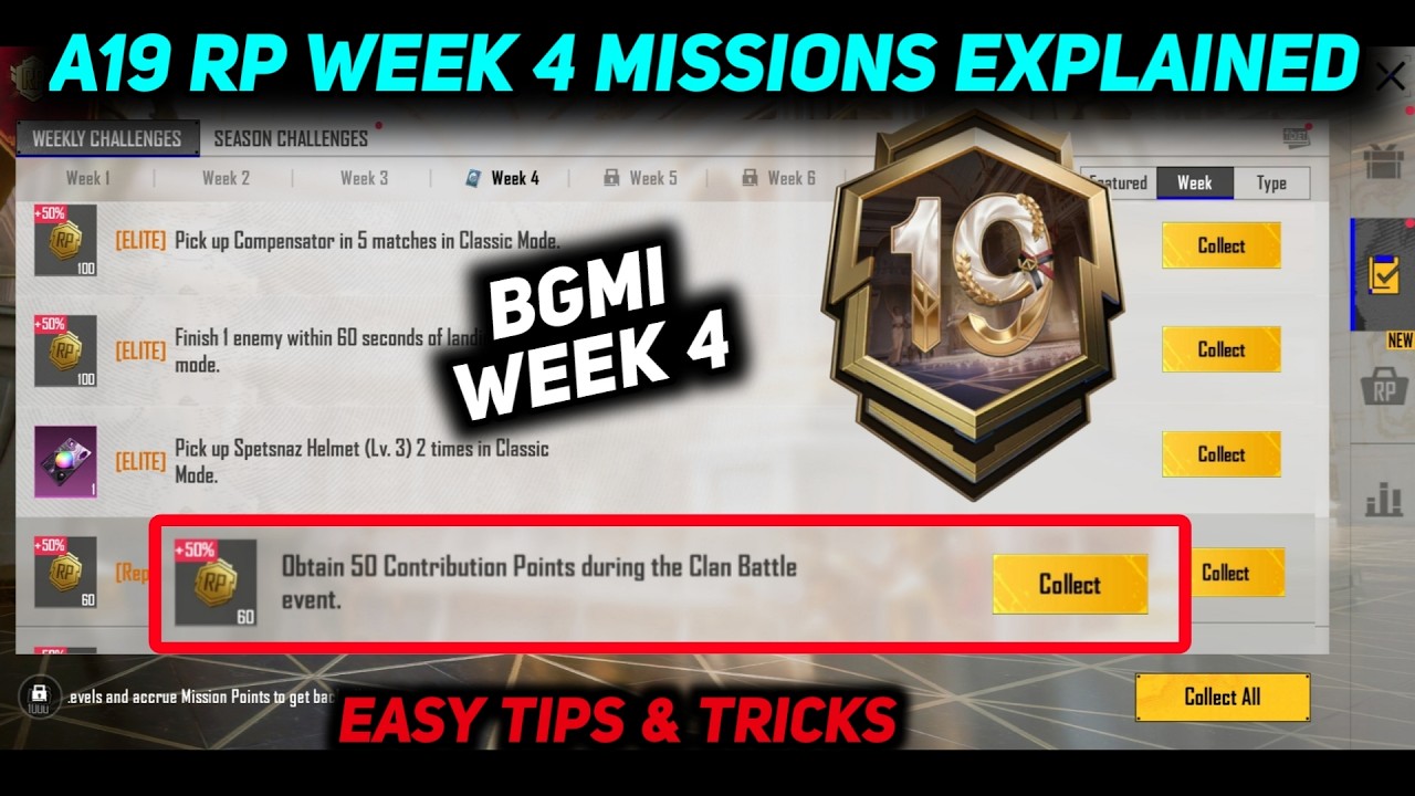 BGMI WEEK 4 MISSIONS đ„ A19 RP WEEK 4 MISSION EXPLAIN đ„ BGMI A19 WEEK 4 RP MISSION KAISE KARE