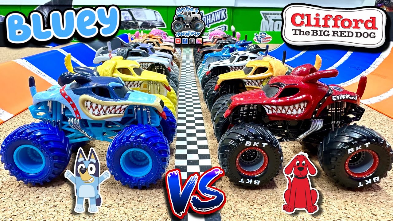 Toy Diecast Monster Truck Racing Tournament | NEW Double Loop Track & Custom Team BLUEY π CLIFFORD