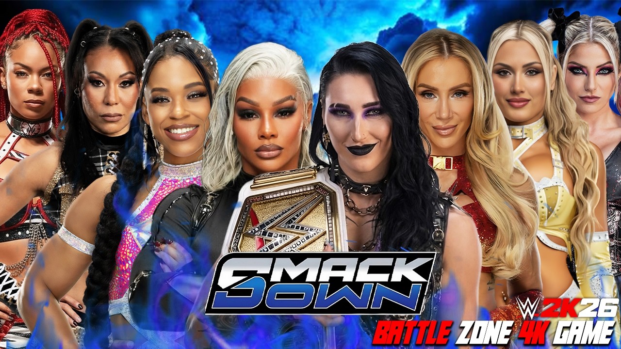 Rhea Ripley Charlotte Flair Alexa Bliss Tiffany Stratton vs Jade Cargill Bianca Belair Michin B-Fab background