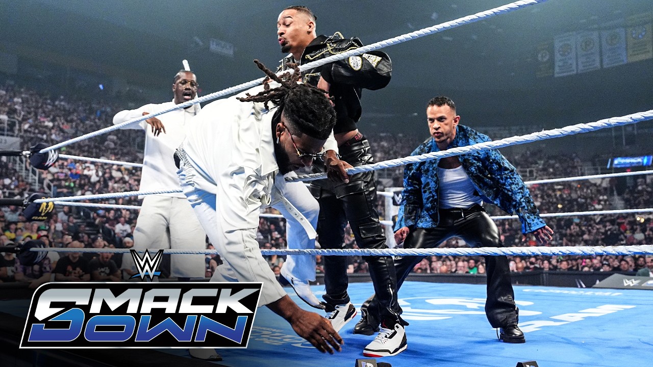 Trick Williams, Carmelo Hayes and Ricky Saints trade blows in explosive melee: SmackDown highlights background
