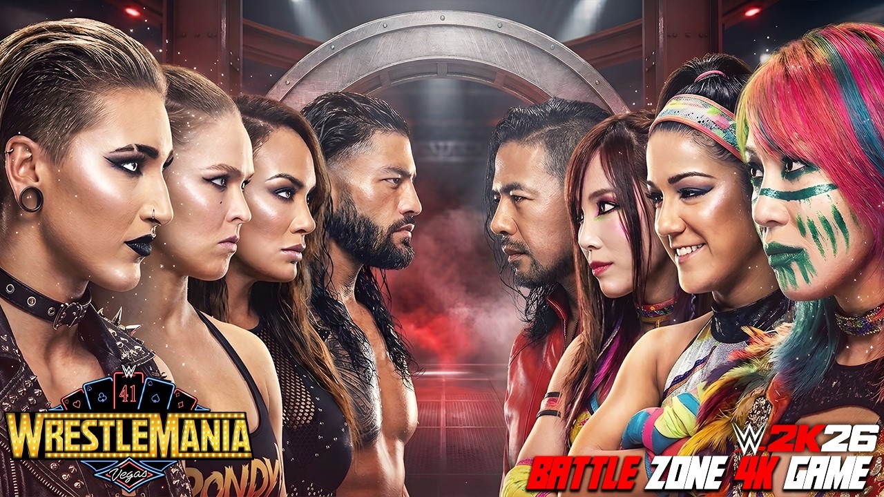 Rhea Ripley, Ronda Rousey, Nia Jax, Roman Reigns vs Asuka, Kairi Sane, Bayley Shinsuke Nakamura